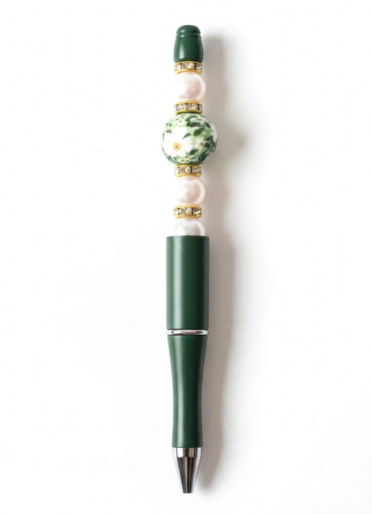 GREEN PEN WITH FLORAL BEAD