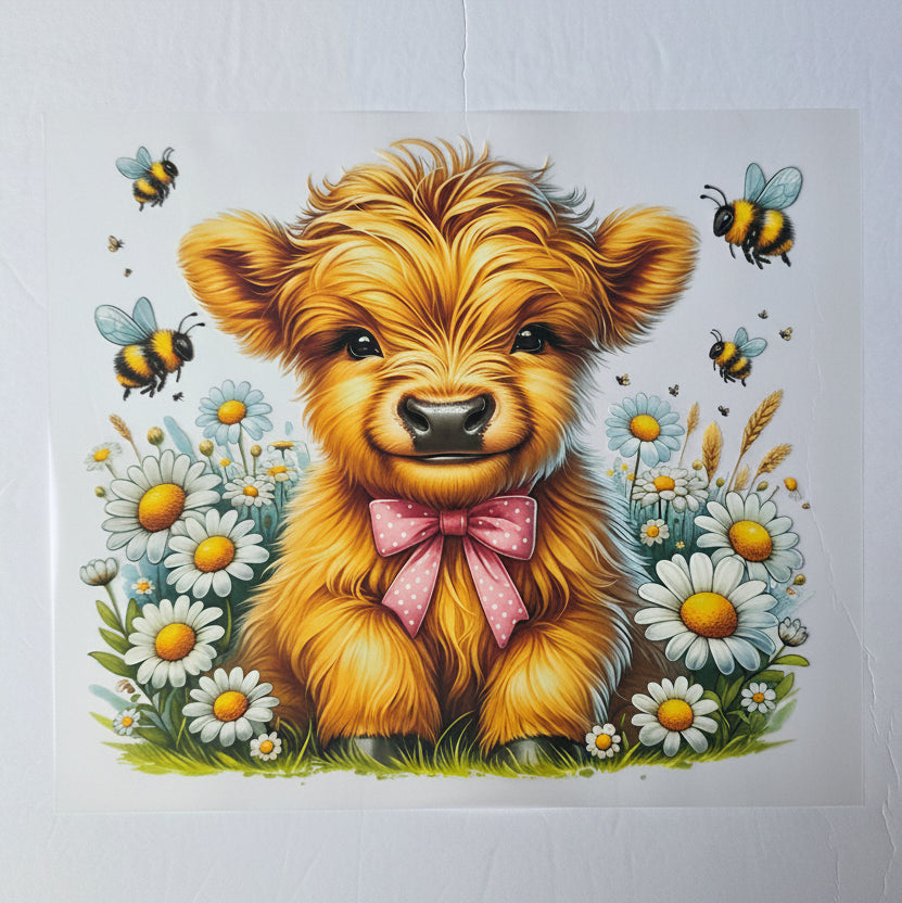 HIGHLAND COW WITH FLOWERS AND BEES WITH PINK BOW TOTE BAG TRANSFER