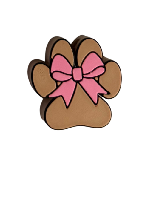 LIGHT BROWN PAW PRINT WITH PINK BOW STRAW TOPPER