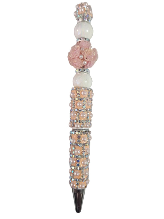 PEACH & WHITE RHINESTONE PEN WITH FLORAL BEAD