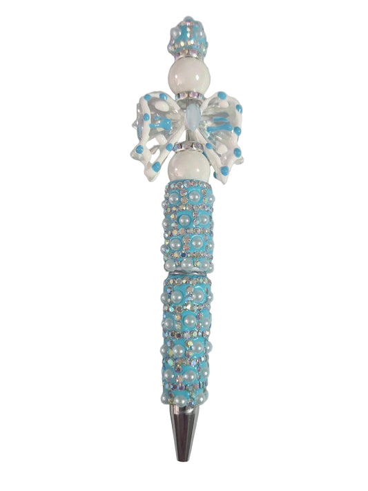 LIGHT BLUE RHINESTONE PEN WITH WHITE & BLUE BOW