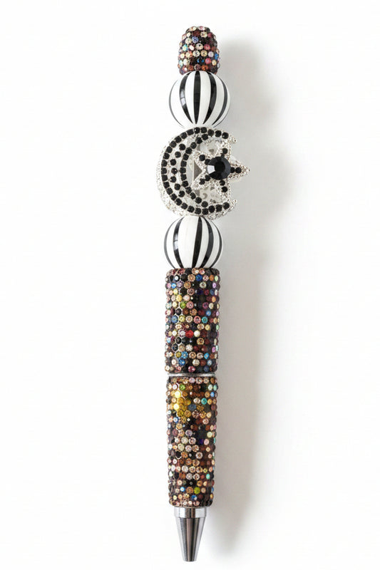 MULTI-COLORED RHINESTONE PEN WITH BLACK MOON & STAR