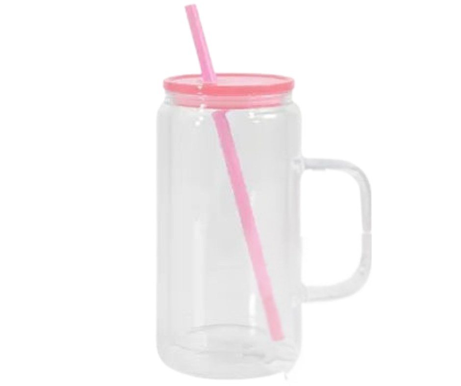 16oz GLASS LIGHT PINK WITH HANDLE