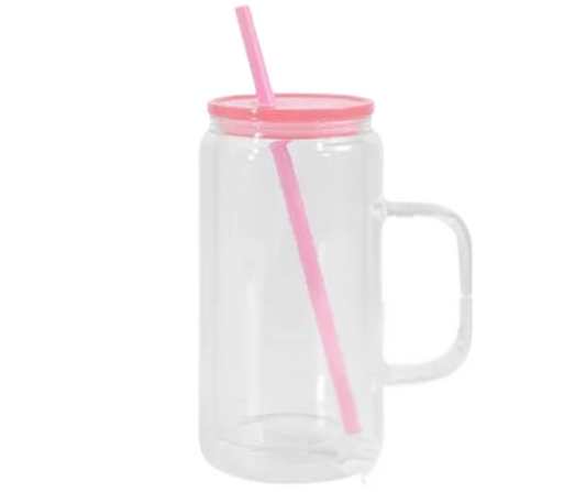 16oz GLASS LIGHT PINK WITH HANDLE