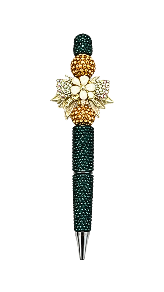 DARK GREEN RHINESTONE PEN WITH FLOWER AND BOW BEAD