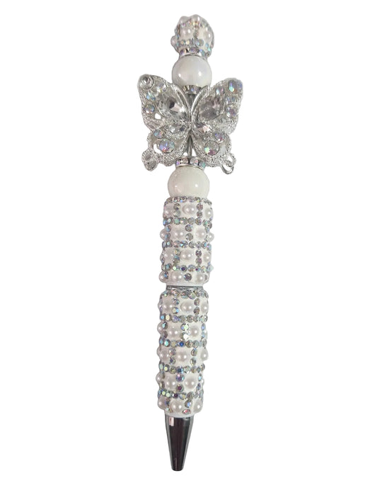 WHITE RHINESTONE PEN WITH BUTTERFLY