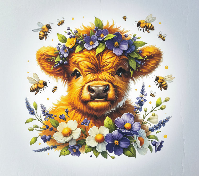 HIGHLAND COW WITH PURPLE AND WHITE FLOWERS TOTE BAG TRANSFER