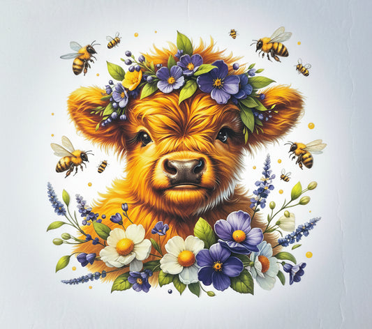 HIGHLAND COW WITH PURPLE AND WHITE FLOWERS TOTE BAG TRANSFER