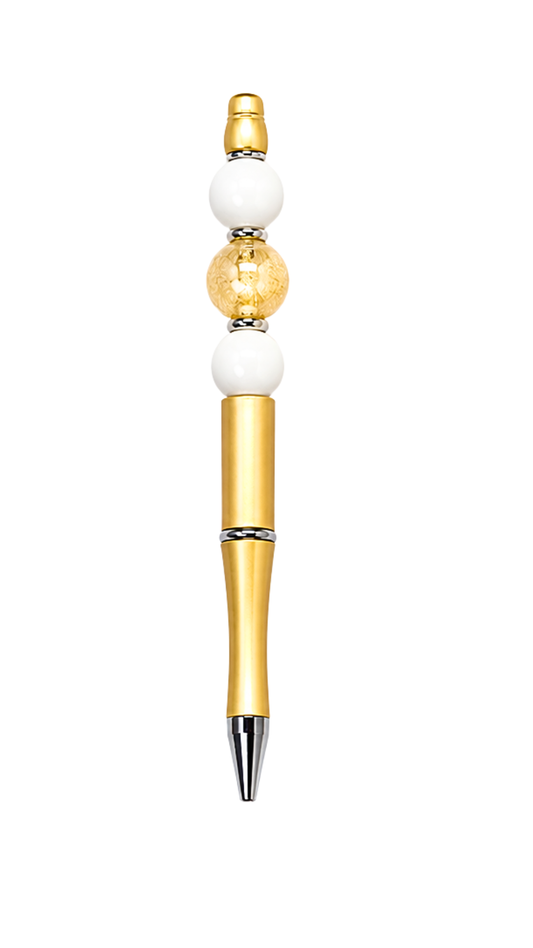 GOLD PEN WITH WHITE AND GOLD BEADS