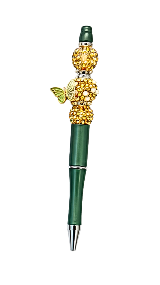 DARK GREEN PEN WITH BUTTERFLY GOLD BEADS