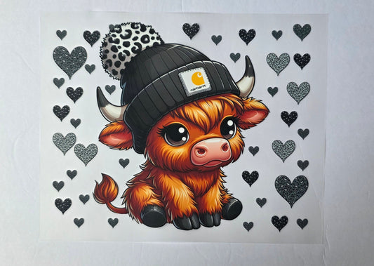 HIGHLAND COW BLACK AND WHITE BEANIE TOTE BAG TRANSFER