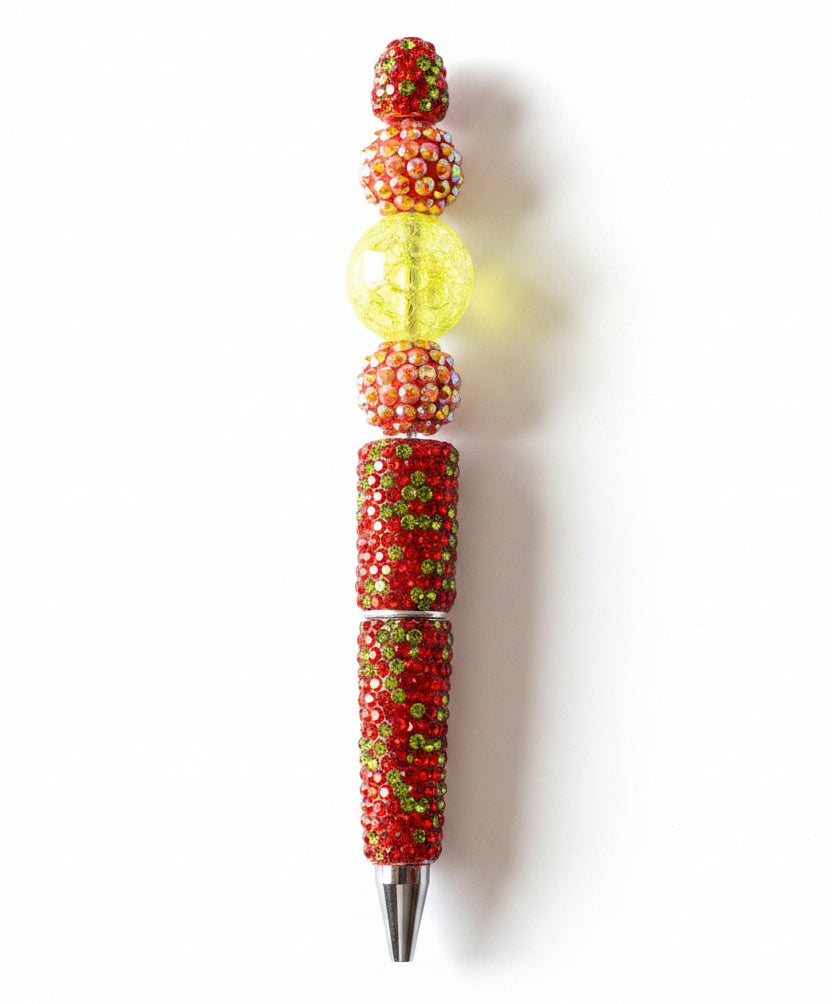 RED & GREEN RHINESTONE PEN WITH YELLOW BEAD