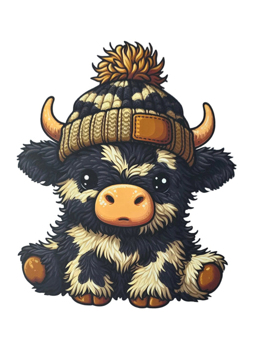 HIGHLAND COW BLACK AND BROWN BEANIE TOTE BAG TRANSFER