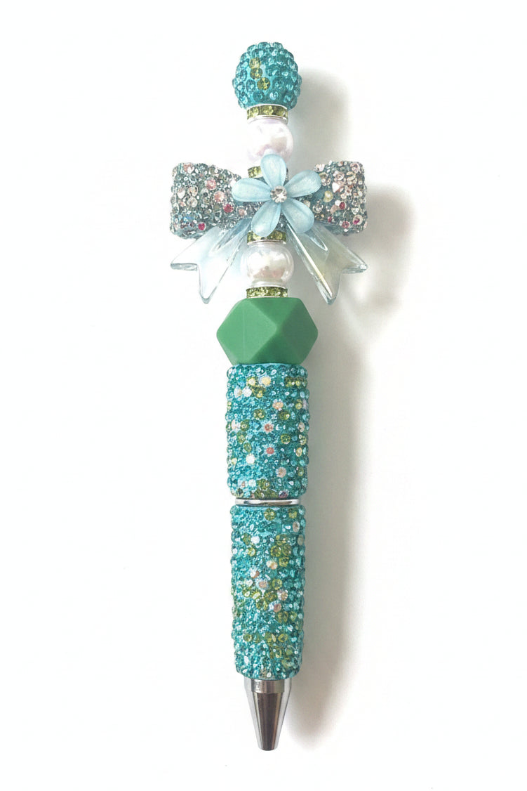 BLUE & GREEN RHINESTONE PEN WITH BOW