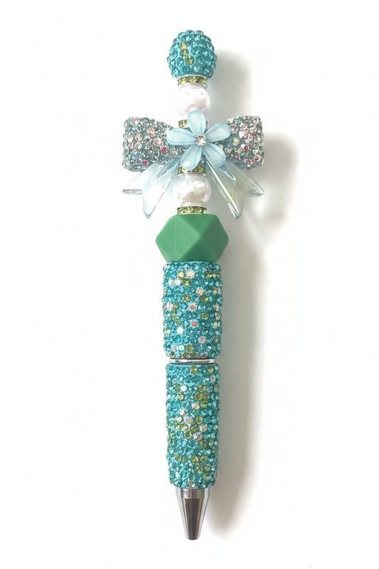BLUE & GREEN RHINESTONE PEN WITH BOW