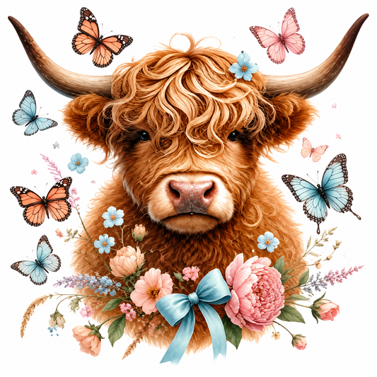 HIGHLAND COW WITH BUTTERFLIES TOTE BAG TRANSFER