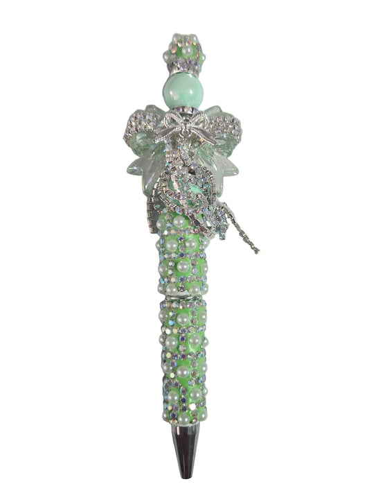 LIGHT GREEN RHINESTONE PEN WITH SILVER BOW