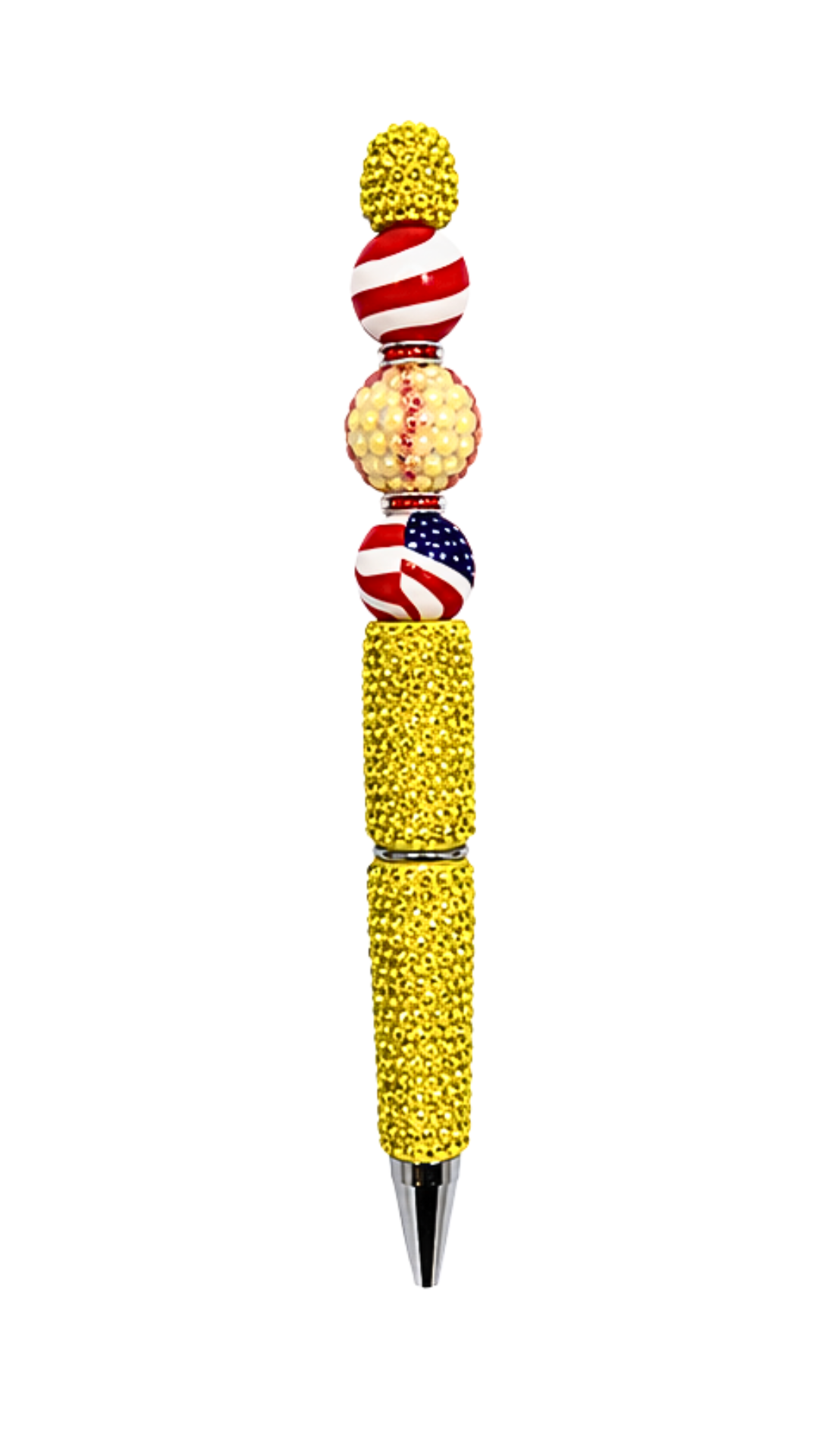 YELLOW RHINESTONE PEN WITH SOFTBALL AND RED WHITE AND BLUE BEAD