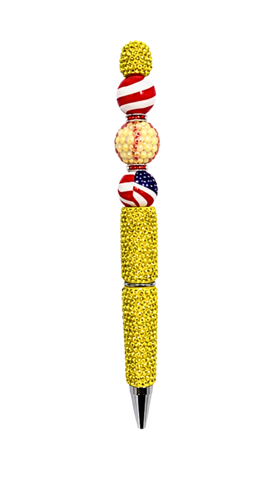 YELLOW RHINESTONE PEN WITH SOFTBALL AND RED WHITE AND BLUE BEAD