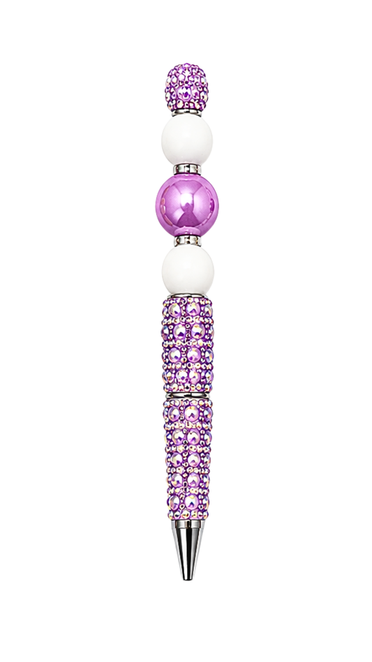 PURPLE RHINESTONE PEN WITH PURPLE & WHITE BEADS